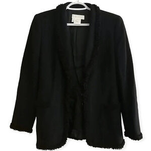 Vintage 80s Escada Black New Wool Longline Button Blazer w Fuzzy Trim GE 38 S/M